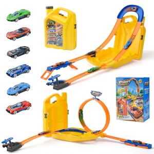 LTFIOON Piste de Course 2 en 1 avec Bo&icirc;te Rangement Portable, Circuit Voiture Enfant avec 6 Voitures, Boucle et U-Track, Piste de Voiture, Jouet pour Enfant, Jouet Gar&ccedil;on Fille 3+ Ans (Jaune) (LTFCash-EU, neuf)