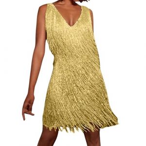 Generisch Tina Turner Robe &agrave; paillettes pour femme - Robe disco ann&eacute;es 20 - Robe &agrave; franges - Style disco ocre/dor&eacute; - Mini robe Charleston, B03 Gold, XXL (FuChenYu, neuf)