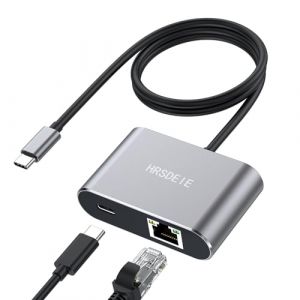 HRSDEIE Adaptateur USB-C vers Ethernet, USB Type-C (Thunderbolt 3) vers Port Réseau RJ45 avec Chargeur PD 60W, LAN Ethernet Gigabit Compatible pour iPad Pro,ChromeBook,Dell,Smartphones,Windows 11 10/8 (HRSD Official, neuf)