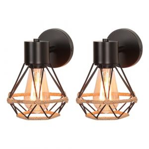 iDEGU Lot de 2 Appliques Murales Interieur Vintage Lampe Murale Design Cage Industriel Luminaire E27 en Métal et Chanvre Rétro Réglable Éclairage Mural pour Chambre Salon Cuisine Café (16cm, Noir) (IDEGU, neuf)