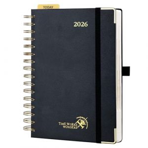 POPRUN Agenda 2026 Journalier 21,5 x 14,5 cm - Couverture Rigide Spirale, 1 Page par Jour A5 Planner, D'Jan 2026 à Déc 2026-12 Mois, Avec règle signet, Papier 80 g/m², Noir (Time Works Wonders, neuf)