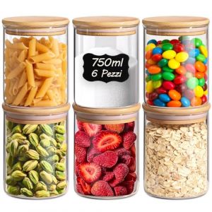 Comsaf Bocal en Verre Avec Couvercle, Pot en Verre Avec Couvercle, 750 ml, Lot de 6 Pi&egrave;ces, Convient Pour Farine, Sucre Blanc Cristallis&eacute;, Morceaux de Sucre Brun (Mucihome-europe, neuf)