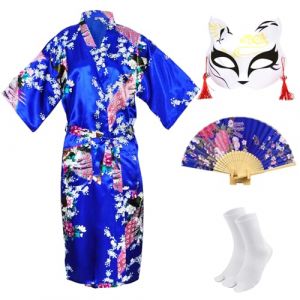 CRFASIBE Robe Kimono Japonaise pour Femmes, Japonais Traditionnel Yukata Femme, Paon Peignoir, Masque Kimono Eventail &agrave; Main Ensemble de Chaussettes(Bleu Marine,3XL) (YEEGERINC, neuf)