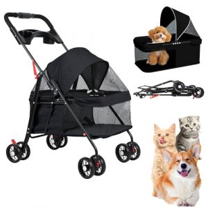 Poussette pour chien animaux &agrave; 4 roues, design pliable avec hublot a&eacute;r&eacute;, con&ccedil;ue pour les chiens et chats de petite et moyenne taille - 75 x 49 x 94cm (Noir-a) (CHEOJHGFJBJK, neuf)