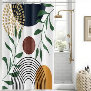 Uiiooazy Rideau Douche Anti Moisissure, Rideau de Douche 150x180cm Abstrait Soleil Brun Feuilles Vert Rideaux de Baignoire Tissu Lavable Imperm&eacute;able Polyester Rideaux Salle de Bain avec 10 Crochets (dongguibinjingpinxiaodianpu, neuf)