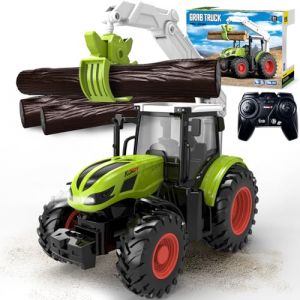 Tracteur Telecommandé Enfant, Tracteur Telecommande à Partir de 2 3 4 Ans, Jouet Ferme à partir de 2 3 Ans, Tracteur Télécommandé avec grappin en Bois et 3 Troncs d'arbre (Esun Europe, neuf)