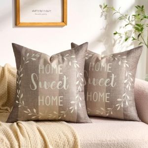 Housse de Coussin Beige 40x40 cm Imitation Lin Ray&eacute; Home Sweet Home Blanc Couronne Farmhouse Rustique Beige Kaki Marron Housse de Coussin Lot de 2 avec Fermeture &Eacute;clair Invisible pour Canap&eacute; Balcon (KOOOLET EU, neuf)