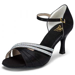 JIAJIA Sandales Femme 20524 avec talon &eacute;vas&eacute;, en satin avec strass, chaussures de danse latine - Noir - noir, 41 EU (Mrs Right Bridal shop, neuf)