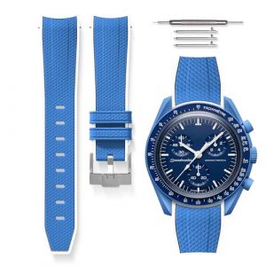 HORACE Bracelet de Montre bi-color 20 mm en Silicone Haute R&eacute;sistance &ndash; D&eacute;gagement Rapide &ndash; Compatible Omega x Swatch MoonSwatch &ndash; Kit de montage inclus (Bleu Neptune - Blanc - Argent) (LCGlobal, neuf)
