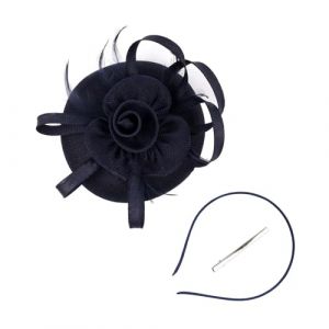 Chapeau bibi pour femme en maille avec plumes et fleurs - Élégant nœud de couleur unie - Accessoire pour cheveux avec détails en plumes - Chapeau bibi convertible - Bandeau et femme (bleu marine (fhjvbt, neuf)