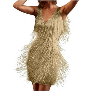 PINTUTU Cadeau Femme Robe Gatsby Couleur Unie sans Manche 1920S Robe à Frange Bretelles Robe à Charleston Déguisement pour Soirée Danse Latine Robe Soiree Femme Paillette Costume Samba Femme (PINTUTU SEXY, neuf)