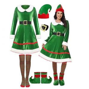 Solorass Costume Deguisement Lutin Femme Costume Elfe Tenue d'elfe de Noël pour Adulte avec Robe, Chaussettes, Chapeau et Oreilles d'elfe pour Fête Cosplay de Noël (L) (OMEGA DESIGN ONLINE S.R.L., neuf)