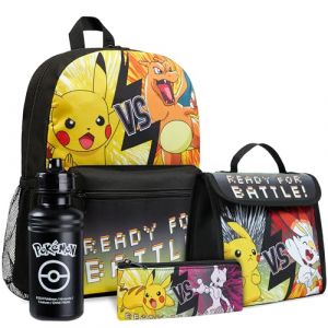 Pok&eacute;mon Sacs &agrave; Dos pour Enfant Set 4 Pc Bouteille d'eau Sac a Dos Trousse Sac &agrave; Lunch Isotherme ou Portefeuille Anime Fournitures Scolaires (Noir/JauneEnsemble de 4 Pi&egrave;ces) (Get Trend., neuf)