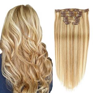 FUIBEJAE Clips dans les extensions de cheveux humains Extensions de cheveux blonds bruns 7Pcs 16 clips Trames de dentelle Clip sur Extensions &eacute;pais pour les femmes Utilisation,24inch (60cm) 100g (SHUOCHENGUK, neuf)