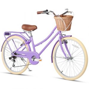 Glerc Missy 24 Pouces Cruiser Femme 6 Vitesses v&eacute;lo Enfant v&eacute;lo Urbain Hybride 6 Vitesses, pour 12, 13, 14, 15 Ans, avec paniers en Saule, Violet (BikeJune-EU, neuf)