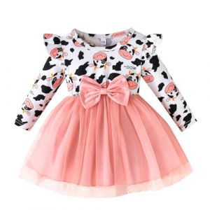 LUVCES Ensemble Petite Bebe Fille Robes Outfit et Bandeau Manches Longue Imprimés de Vache Bowknot Robe Tutu 2 Pièces Vetement Tenue Fille Imprimé Vache Rose 6-12 Mois (SANYI FASHION, neuf)