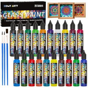 HOMY ARTY Peinture sur Verre 20 x 30ml avec 3 Pinceaux, Peinture Vitrail Imperm&eacute;able Transparente, Kit Peintures pour Verre Permanent Sans Cuisson pour Verre, C&eacute;ramique, Ampoules et Fen&ecirc;tres (U ART HOME, neuf)