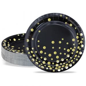ZVK Assiettes &agrave; dessert 18cm Paillettes dor&eacute;es Assiettes en Carton jetables Noir Assiette en papier 50 pi&egrave;ces Vaisselle Jetable pour bapt&ecirc;me, anniversaire, mariage (BFB-FR, neuf)