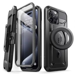 SUPCASE Unicorn Beetle Pro Mag Coque pour iPhone 15 Pro Max 6,7", Compatible avec MagSafe, Coque intégrale Robuste avec Protecteur d'écran intégré, béquille et Clip Ceinture (Noir) (SUPCASE & i-Blason Store, neuf)