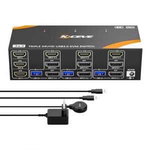 YOUTINGHDAV Commutateur KVM 3 PC 3 moniteurs 8K@60Hz / 4K@144Hz, Displayport 1.4 HDMI 2.1 USB 3.0 Commutateur KVM Triple moniteur pour 3 PC partage souris, clavier avec t&eacute;l&eacute;commande filaire et (YT STORE, neuf)