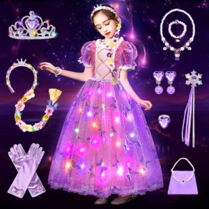 COYBTO Robe Princesse Fille, LED Belle Cendrillon Raiponce avec Perruque Couronne Princesse Lumineuse, Deguisement Princesse Belle pour Cadeau Fille, Robe de Princesse Belle pour Carnaval (GAB GELH, neuf)