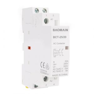 BAOMAIN Contacteur domestique AC, 2 pôles 2NO, 25A, AC 220V Tension de bobine, 35 mm Montage sur rail DIN, Homologué VDE, BCT-25/20 (BAOMAIN, neuf)