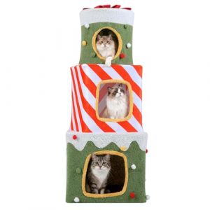 SOARS Arbre de No&euml;l pour chats 120 cm, 3 pi&egrave;ces, tani&egrave;re pour chats &agrave; 3 grottes en peluche avec balles, niche pour chat abri, forme de bo&icirc;tes cadeaux, d&eacute;coration de No&euml;l (Magichome24, neuf)