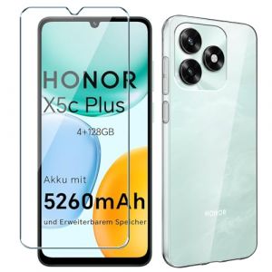 Xiangyun Coque pour Honor X5c Plus Etui avec Film de Verre Tremp&eacute; Protection &eacute;cran, Transparent Anti-Vibration et Glisse Silicone Bumper TPU Souple Cover Housse Clear Case (6.74") (ZeMin, neuf)