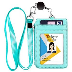 Teskyer Porte Badge, avec Cordon Rétractable, Porte Badge Tour de Cou, Porte Badge en Cuir PU, 4 Emplacements pour Cartes, avec Poche Zippée, pour Le Travail, L'école, Vert (Shamall EU, neuf)
