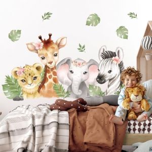 DECOWALL SG2-2410 Stickers Muraux Aquarelles Animaux de la jungle Autocollants Muraux Animaux de la forêt Stickers Muraux Éléphant Lion pour bébé Chambre d'enfant Décoration murale (FR DECOWALL, neuf)