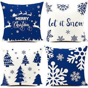 HUASHUZI Lot de 4 Housses de Coussin de No&euml;l Bleues et Blanches - D&eacute;coration de No&euml;l pour f&ecirc;te familiale, Maison, canap&eacute;, lit, Salon, Bureau - 40x40 cm (?HUASHUZI?, neuf)