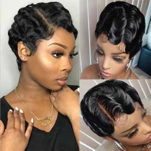 Perruque courte bouclée Bob, perruque courte ondulée Bob de 6 pouces, perruque Pixie noire, perruque en dentelle transparente 13x1, avec cheveux de bébé, coupe bouclée for femmes noires (MYDZSWZX, neuf)