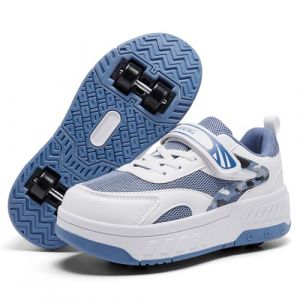 YINGCSM Chaussures &agrave; roulettes pour gar&ccedil;ons et filles, patins &agrave; roulettes pour enfants, chaussures &agrave; roulettes 2-en-1, baskets, chaussures de skateboard, Bleu/blanc, 36 EU (DISENTU, neuf)