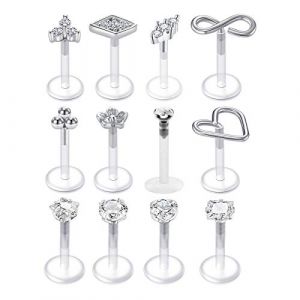 Mayhoop 12Pcs Piercing Tragus Helix Labret Studs 16G Acrylique Flexible Clair CZ avec Top Argent Retainers Clou de Oreille Tragus Cartilage Helix L&egrave;vre Femme Homme Bijoux de Piercing 8mm (Mayhoop, neuf)