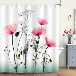 Bonhause Rideau de Douche Coquelicots Fleur Rouge 180 x 200 cm Tissu Polyester Anti Moisissure Imperm&eacute;able Lavable Rideau Salle de Bain avec 12 Crochets pour Baignoire (Bonhause EU, neuf)