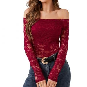 Haut Dentelle Femme, Chic et Elegant Chemisier en Dentelle Florale Transparente Chemise Sexy en Maille Haut Manches Longues Automne et Hiver Rouge, XL (Zawalud, neuf)
