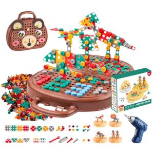 Jouet Enfant Boîte à Outils Montessori,Puzzle 3D Jeux Construction,Etabli Enfant Avec Perceuse Électronique,Jouets Bricolage Mosaique,Jeu Éducatif Cadeau Pour Enfants Garcon Fille 3-12 Ans (Marron) (Skeadex Store, neuf)