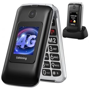 USHINING 4G Téléphone Portable Senior Débloqué, Téléphone Portable à Clapet avec Grandes Touches Double Écran 2,8 et 1,77 Pouces Bouton SOS Station de Charge, Téléphone Portable Personnes âgées, Noir (Wemat, neuf)