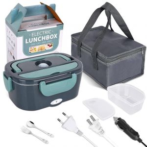 Lunch Box Chauffante &Eacute;lectrique 2 en 1 12V/24V/110V/220V,Bo&icirc;te &agrave; lunch &eacute;lectrique,1.5L 60W Acier Inox Chauffage Rapide Gamelle,avec fourchette,pour Bureau,&Eacute;cole,Voyage, Avec Sac Isotherme (Bleu) (EagerMinds, neuf)