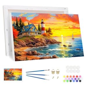 Bowetile Peinture par Num&eacute;ros Phare et Fleurs sur la Plage Avec Cadre pour Adultes, Kit Paysage Peinture Numero pour D&eacute;butants Kit Toile, DIY Peinture Acrylique pour D&eacute;coration de la Maison 20x30cm (Bowetile Direct, neuf)