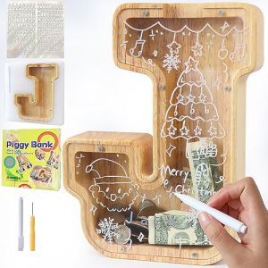 Lakpopya Tirelire en Bois Grande pour Enfant Adulte Tirelire Cochon Personnalisée de Lettres A-Z avec Zone Cible Tirelire Billet Transparente Créative pour Cadeau Décoration Baptême (J) (Never fail, neuf)