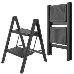 Aufun Escabeau pliable &agrave; 2 marches avec large p&eacute;dale antid&eacute;rapante - &Eacute;chelle domestique multifonction - Facile &agrave; ranger - Charge maximale : 270 kg - Pour la maison, le bureau - Noir (Jodanyong, neuf)