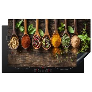 KitchenYeah&copy; Protection Plaque Induction 91x52 cm Protege Deco Cuisine Cache Prot&egrave;ge De Cuisson Accessoire Herbes - Epices - Cuill&egrave;re - Feuilles - Gravure sur bois - Nature morte (KitchenYeah, neuf)