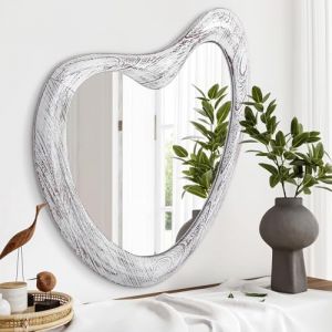 HLFMVWE Grand miroir irrégulier asymétrique Cadre en bois moderne unique décoratif pour salle de bain, salon, chambre à coucher, entrée, 70 x 50 cm, blanc rustique (HLFMVWE, neuf)