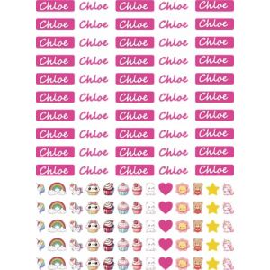 Étiquettes autocollantes personnalisées pour filles avec nom pour fille, imperméables, lot de 50 pièces féminines de couleur rose avec de jolis dessins à thème. (Chloe) (Corredino Neonato, neuf)