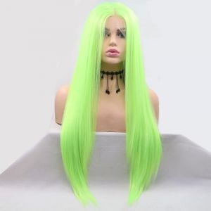 Xiweiya Perruque synth&eacute;tique longue et soyeuse vert clair avec dentelle frontale 33 x 7,6 cm, raie au milieu, cheveux r&eacute;sistants &agrave; la chaleur, pour femme, reine des neiges, cosplay, 61 cm (xiweiya wig, neuf)