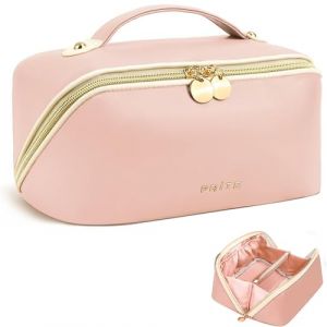 Prite Trousse de Maquillage pour Femme Trousse de Toilette en Cuir PU Vanity Imperm&eacute;able pour Voyage avec S&eacute;parateur Transparent et Poign&eacute;e (Rose M) (PriteShop, neuf)
