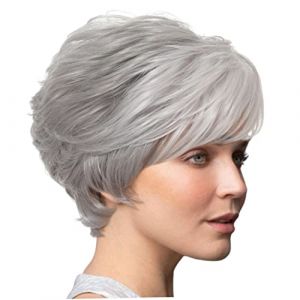 Perruques grises courtes pour femmes, femmes courtes courtes gris naturales courte courte ondulée bouclé avec une frange pour la fête quotidienne (zhuosensi, neuf)