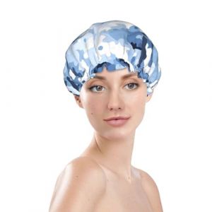 Bonnet de douche bleu et blanc à imprimé camouflage, bonnet de bain imperméable réutilisable pour cheveux de femme, bonnet de douche élastique double couche, protection des cheveux (BedBliss transactions, neuf)