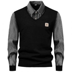 Duohropke Pull en tricot pour homme - Faux pull deux pi&egrave;ces - Tricot fin - Col de chemise - Manches longues - Cardigan tricot&eacute; avec col en V - Sweat-shirt &agrave; revers - Simplicit&eacute; - T-shirt de loisirs (PANGCON, neuf)